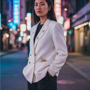 White Vintage Blazer with Gold Sun and Star Accents